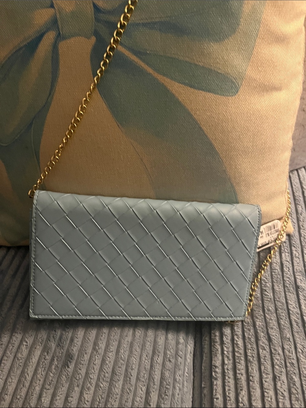 Sondra Roberts Pale Blue Woven Crossbody with Gold Chain